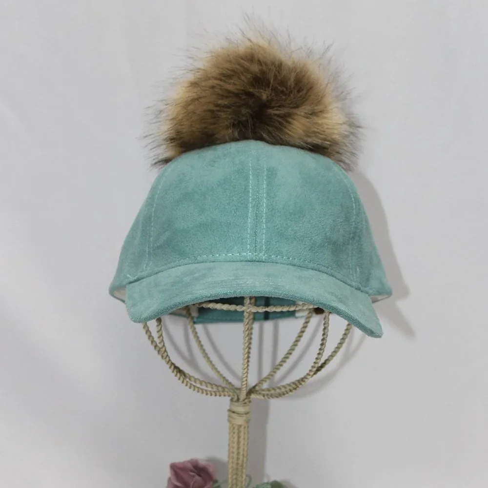 C.C Suede Removable Fur Pom Teal Baseball Cap